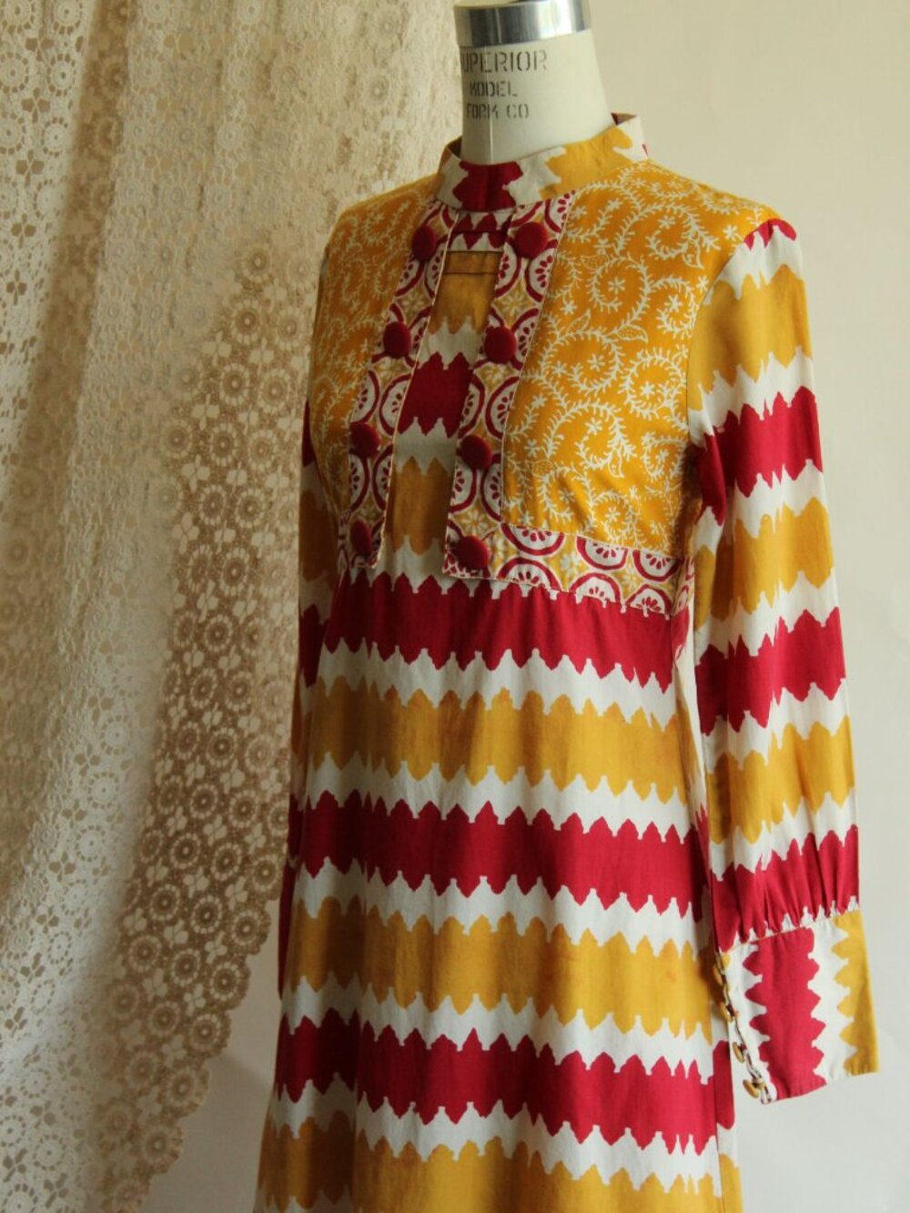 Vintage 1990s Y2K Maxi Dress, Red and Yellow Cotton 1960s Inspired Boho Full Len - Picture 10 of 14